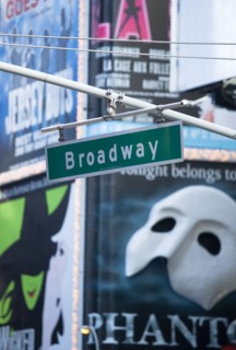 USA, New York, New York City, Manhattan  Overhead road sign for Broadway with theatre stage show