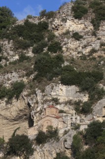 Albania, Berat, Church of St Michael under rock face.