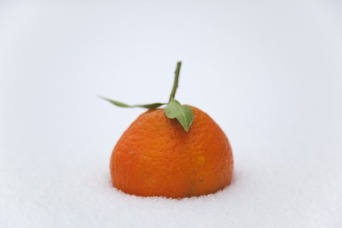 Food, Fruit, Oranges, Fresh Clementine orange in the snow.