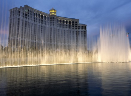 USA, Nevada, Las Vegas, Bellagio hotel and casino on the strip with fountain display in the