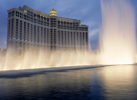 USA, Nevada, Las Vegas, Bellagio hotel and casino on the strip with fountain display in the