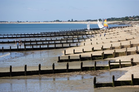 England, West Sussex, Bognor Regis, Wooden groynes at low tide used as sea defences against erosion