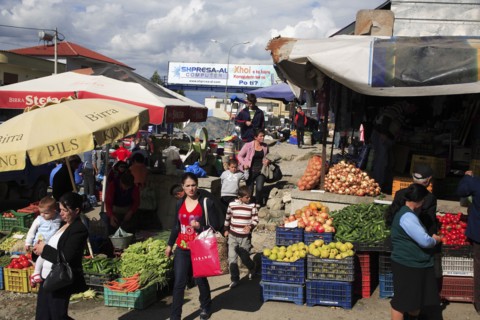 Albania, Tirane, Tirana, Busy market in the northern part of the city with street stalls selling