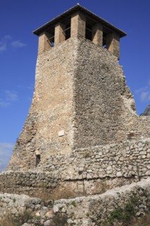 Albania, Kruja, Exterior of stone watch tower at Kruja Castle.