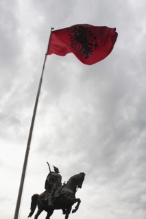 Albania, Tirane, Tirana, Equestrian statue of national hero George Castriot Skanderbeg below