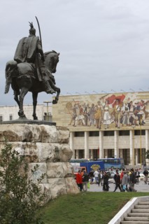 Albania, Tirane, Tirana, Equestrian statue of George Castriot Skanderbeg in busy Skanderbeg Square