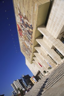 Albania, Tirane, Tirana, National History Museum. Angled view of exterior facade and entrance to