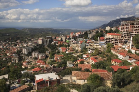 Albania, Kruja, Panoramic view over the town and surrounding landscape.