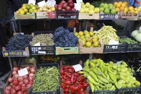 Albania, Tirane, Tirana, Display of fruit and vegetables including grapes  apples  okra and peppers