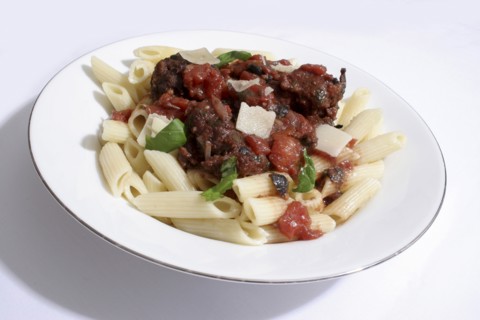 Food, Cooked, Pasta, Italian baked meat balls with black olives  basil and parmesan cheese served
