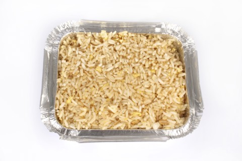 Food, Cooked, Rice, Take away Chinese egg fried rice in tin foil container.