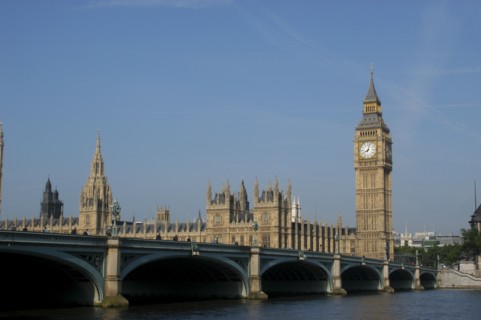 England, London, Westminster, View of the Houses of Parliament and Big Ben clock tower seen over