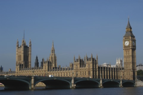 England, London, Westminster, View of the Houses of Parliament and Big Ben clock tower seen over