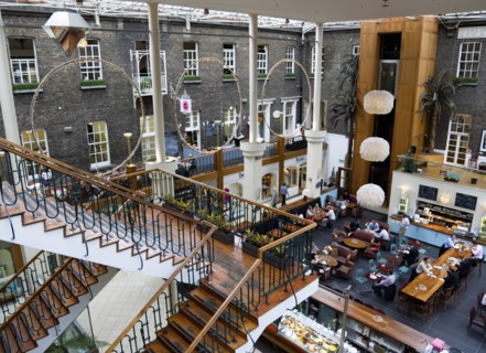 Ireland, County Dublin, Dublin City, Powerscourt Centre restaurants with people at tables beside