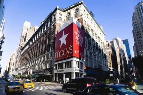 USA, New York, New York City, Manhattan  Macys department store with cars on 34th Street and people