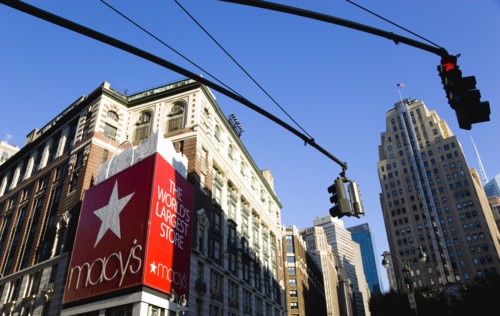 USA, New York, New York City, Manhattan  Macys department store with cars on 34th Street and
