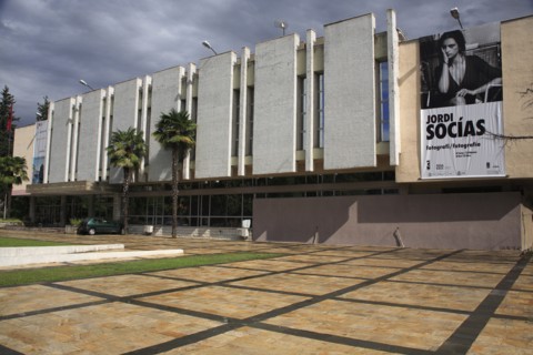 Albania, Tirane, Tirana, National Art Gallery  exterior facade with advertising for photography