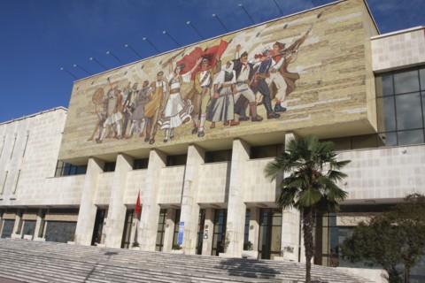 Albania, Tirane, Tirana, National History Museum. Mosaic on the exterior facade of the National