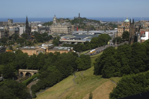 Scotland, Lothian, Edinburgh, View over the National Gallery and Railway station toward Carlton