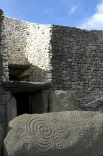 Ireland, Meath, Newgrange, Carved kerb stone outside the entrance to the historical burial site