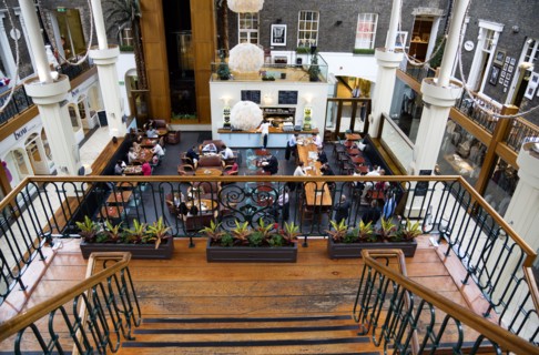 Ireland, County Dublin, Dublin City, Powerscourt Centre restaurants with people at tables beside