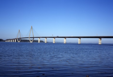 Denmark, Sjaelland, Motorway E47 bridge across Storstrommen waterway from the North.