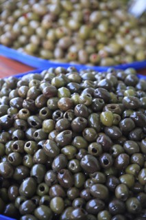 Albania, Tirane, Tirana, Display of olives for sale in the Avni Rustemi Market.