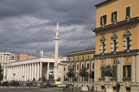 Albania, Tirane, Tirana, Opera House  Ethem Bey Mosque and government buildings in Skanderbeg