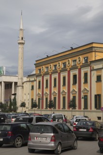Albania, Tirane, Tirana, Congested traffic in front of government buildings and the Ethem Bey