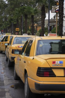 Albania, Tirane, Tirana, Line of yellow coloured taxi cabs.
