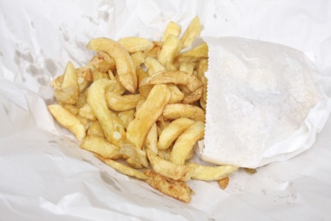 Food, Fast Food, Fish and Chips, Deep fried potato chips bought from Fish and Chip Shop  still in