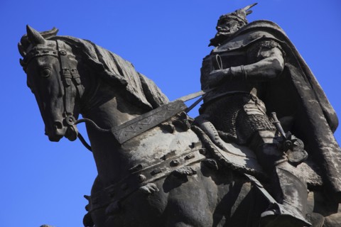 Albania, Tirane, Tirana, Part view of equestrian statue of national hero George Castriot Skanderbeg