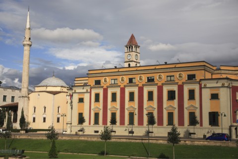 Albania, Tirane, Tirana, Government buildings and Ethem Bey mosque and minaret exterior in