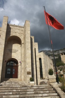Albania, Kruja, Kruja Castle and Skanderbeg Museum  exterior facade with steps to entrance and