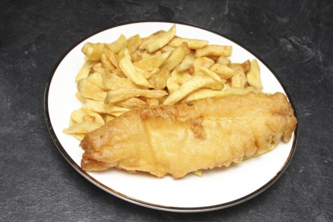Food, Fast Food, Fish and Chips, Portion of deep fried chips and battered cod from Fish and Chip
