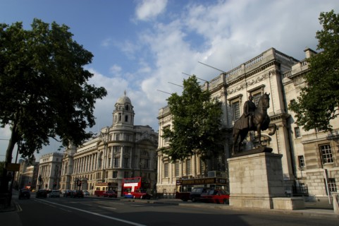 England, London, Whitehall streetscene with equestrian statue of Earl Haig in the foreground