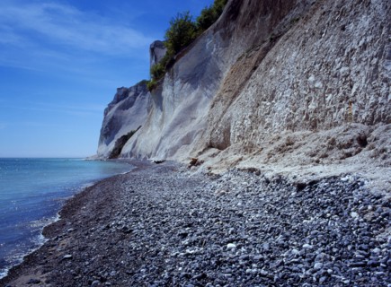 Denmark, Isle of Mon, Mons Klint, East facing chalk sea cliffs with flintstone beach.  Blue sky