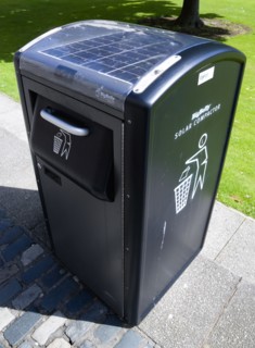 Ireland, County Dublin, Dublin City, Solar powered rubbish compactor on the campus of Trinity