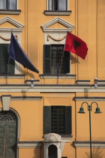 Albania, Tirane, Tirana, Detail of exterior facade of government buildings in Skanderbeg Square