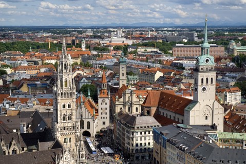 Marienplatz. Aerial view of the New Town Hall or Neues Rathaus built 1867-1908 designed by Georg