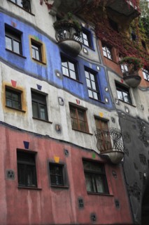 The Hundertwasser-Krawinahaus part view of exterior facade of apartment building. Photo: Bennett