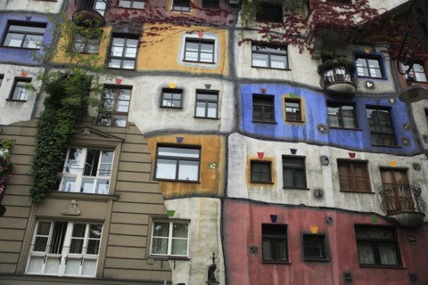 The Hundertwasser-Krawinahaus part view of exterior facade of apartment building. Photo: Bennett