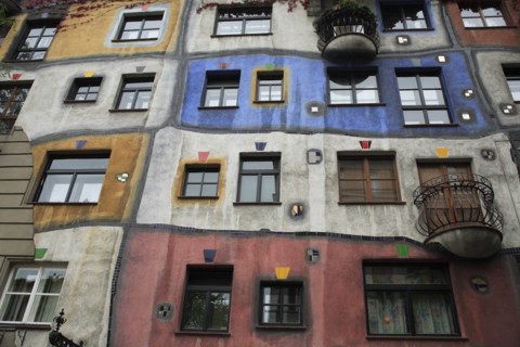 The Hundertwasser-Krawinahaus part view of exterior facade of apartment building. Photo : Bennett