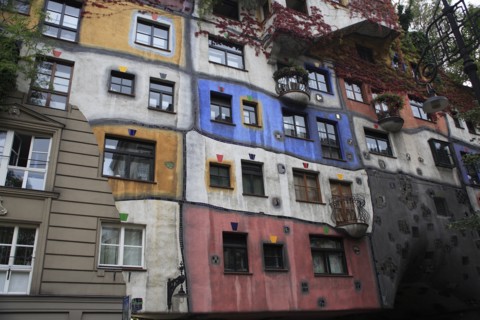 The Hundertwasser-Krawinahaus part view of exterior facade of apartment building. Photo : Bennett