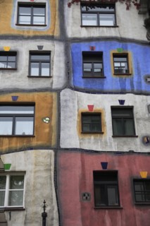 Hundertwasser-Krawinahaus part view of colourful apartment exterior. Photo : Bennett Dean