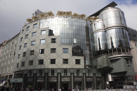 The Haas Building or Haas Haus. Modern glass fronted and concrete office building in Saint Stephens
