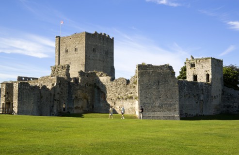 Portchester Castle showing the 12th Century Tower and 14th Century Keep built within the Roman 3rd
