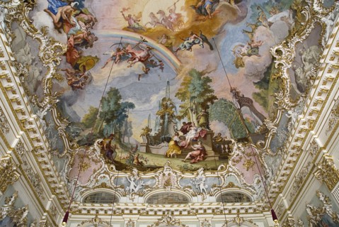 Nymphenburg Palace. Interior of Steinerner Saal the Stone or Great Hall with white and gold baroque
