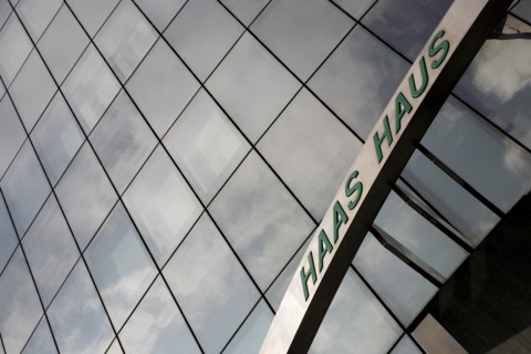 Exterior detail of the Haas Building or Haas Haus. Modern glass fronted and concrete office