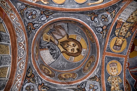 Open Air Museum. The Dark Church so named because it had few windows. Detail of fresco dating from
